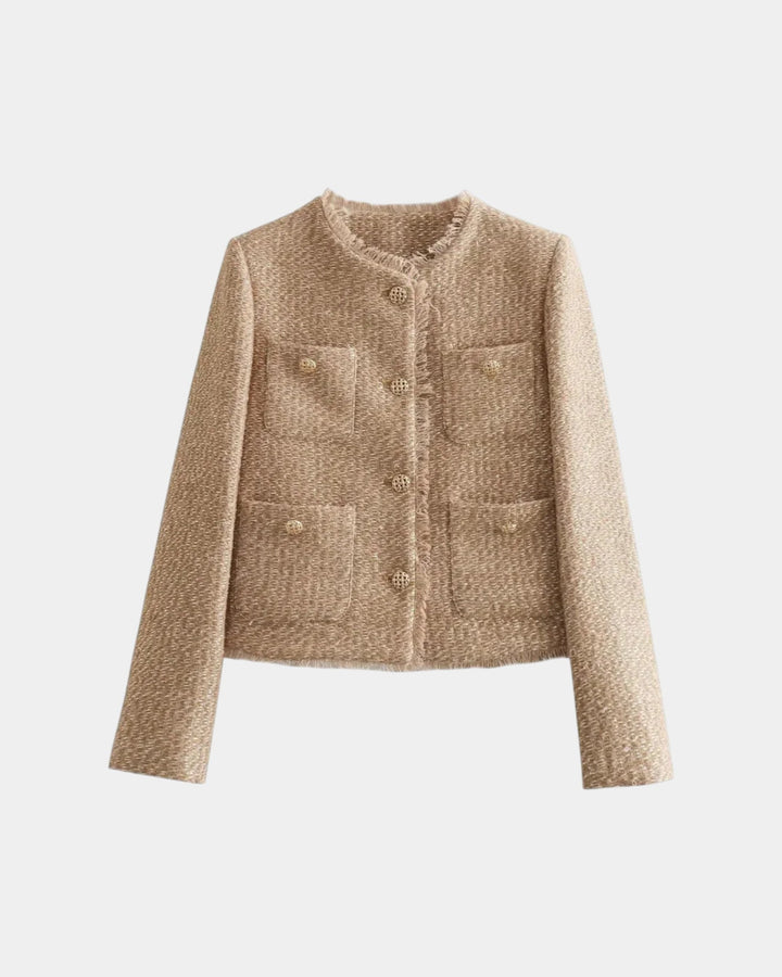 Lyhyt beige takki kultaisilla nappeilla