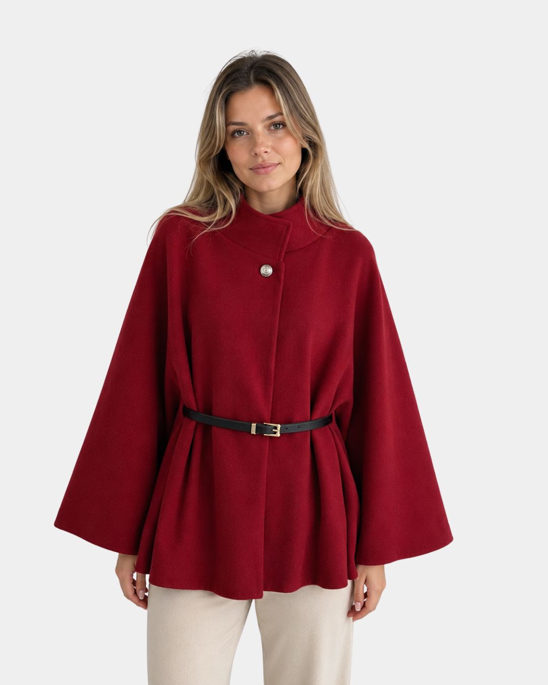 Elegantti poncho korkealla kauluksella ja vyöllä