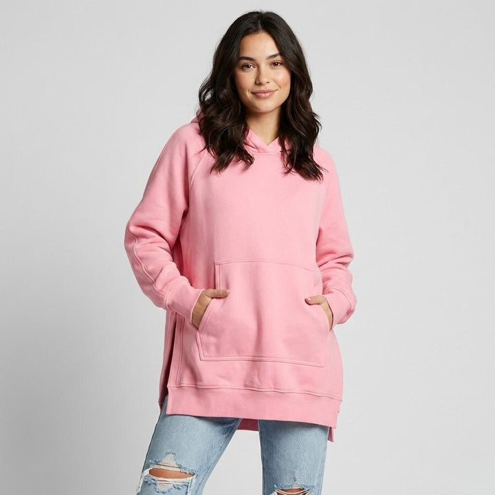 Pitkä oversize huppari, jossa on huppu ja sivurei&