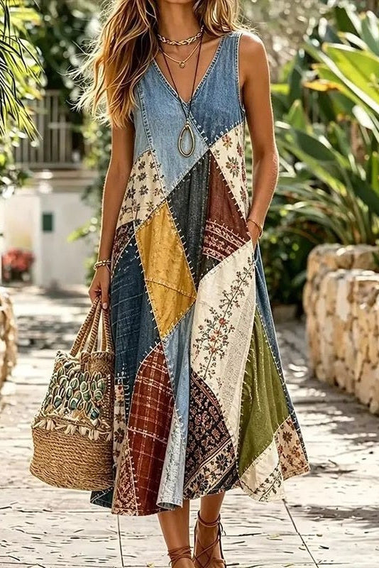 Elvíra | Vintage kuviollinen midi-mekko