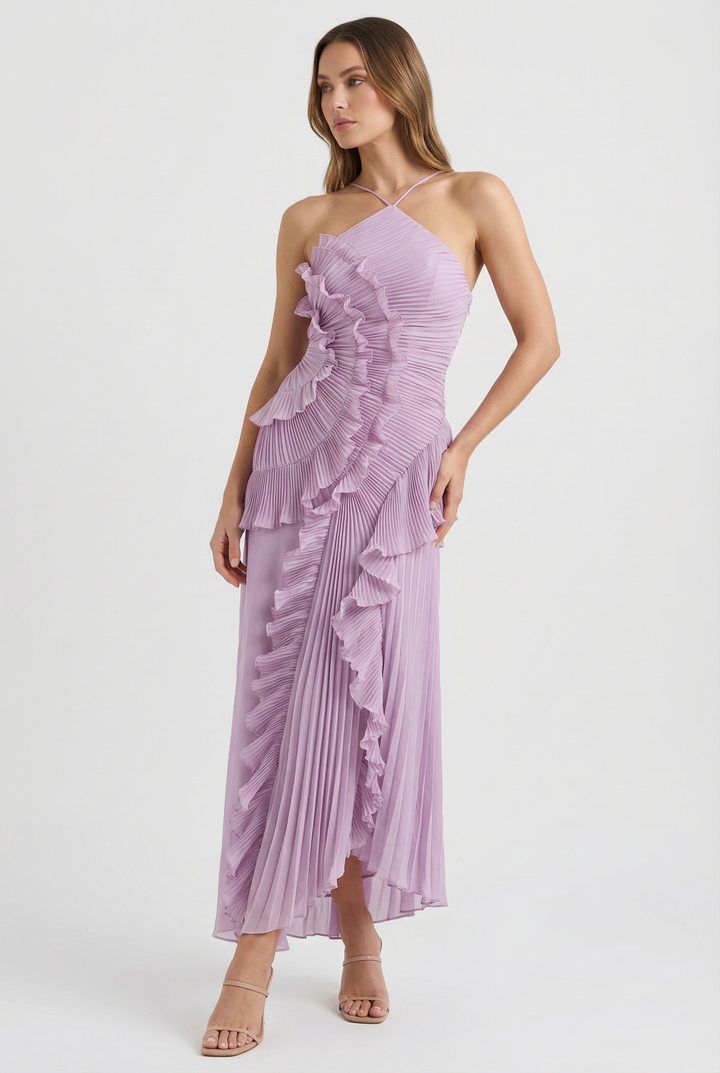 Bibiána | Asymmetrinen pliseerattu maxi-mekko
