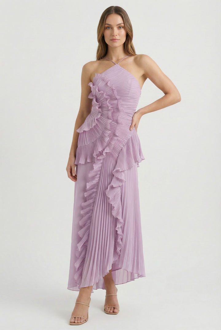 Bibiána | Asymmetrinen pliseerattu maxi-mekko