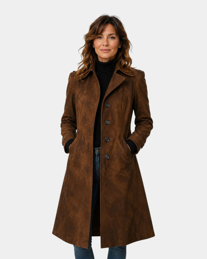 Elegantti ruskea trench-coat klassisella leikkauksella