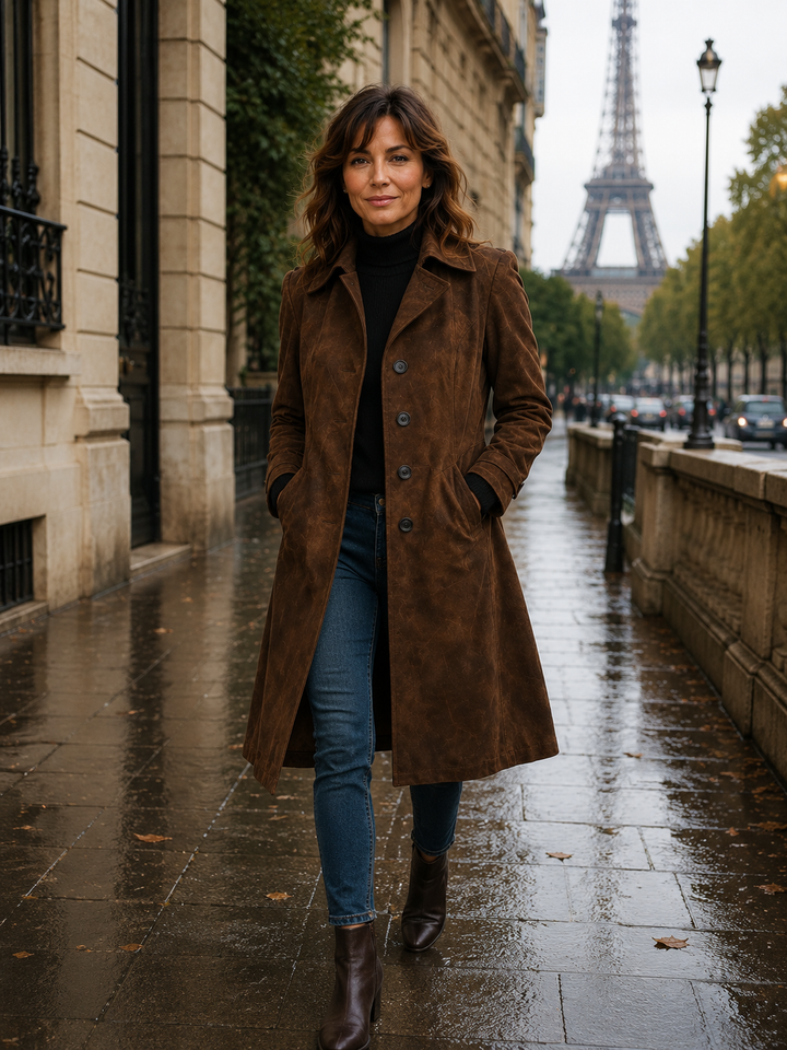Elegantti ruskea trenchcoat klassisella leikkauksella