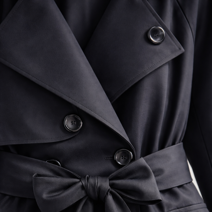 Pitkähihainen trench-coat, vyöllä ja kaksirivisellä napituksella