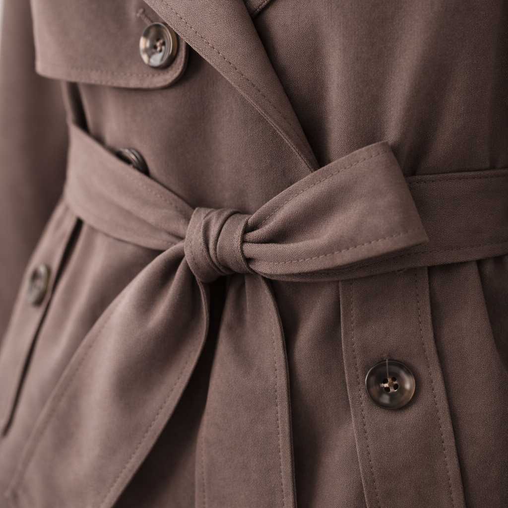 Pitkähihainen trench-coat, vyöllä ja kaksirivisellä napituksella
