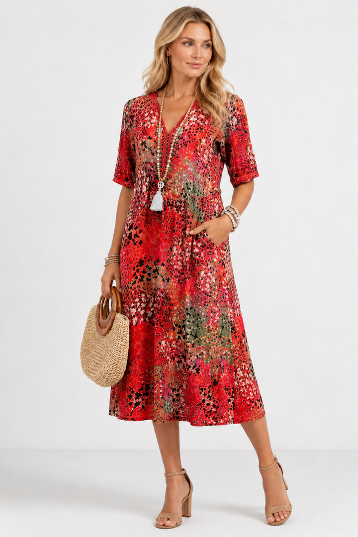 Boleslava | Kukkakuvioinen boho midi mekko V-pääntiellä