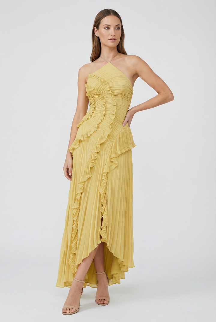 Bibiána | Asymmetrinen pliseerattu maxi-mekko