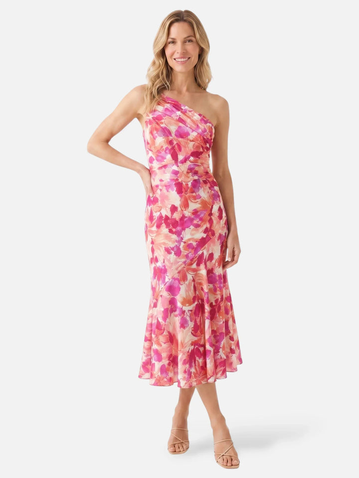 Fabiána | Asymmetrinen midi mekko kukkakuviolla